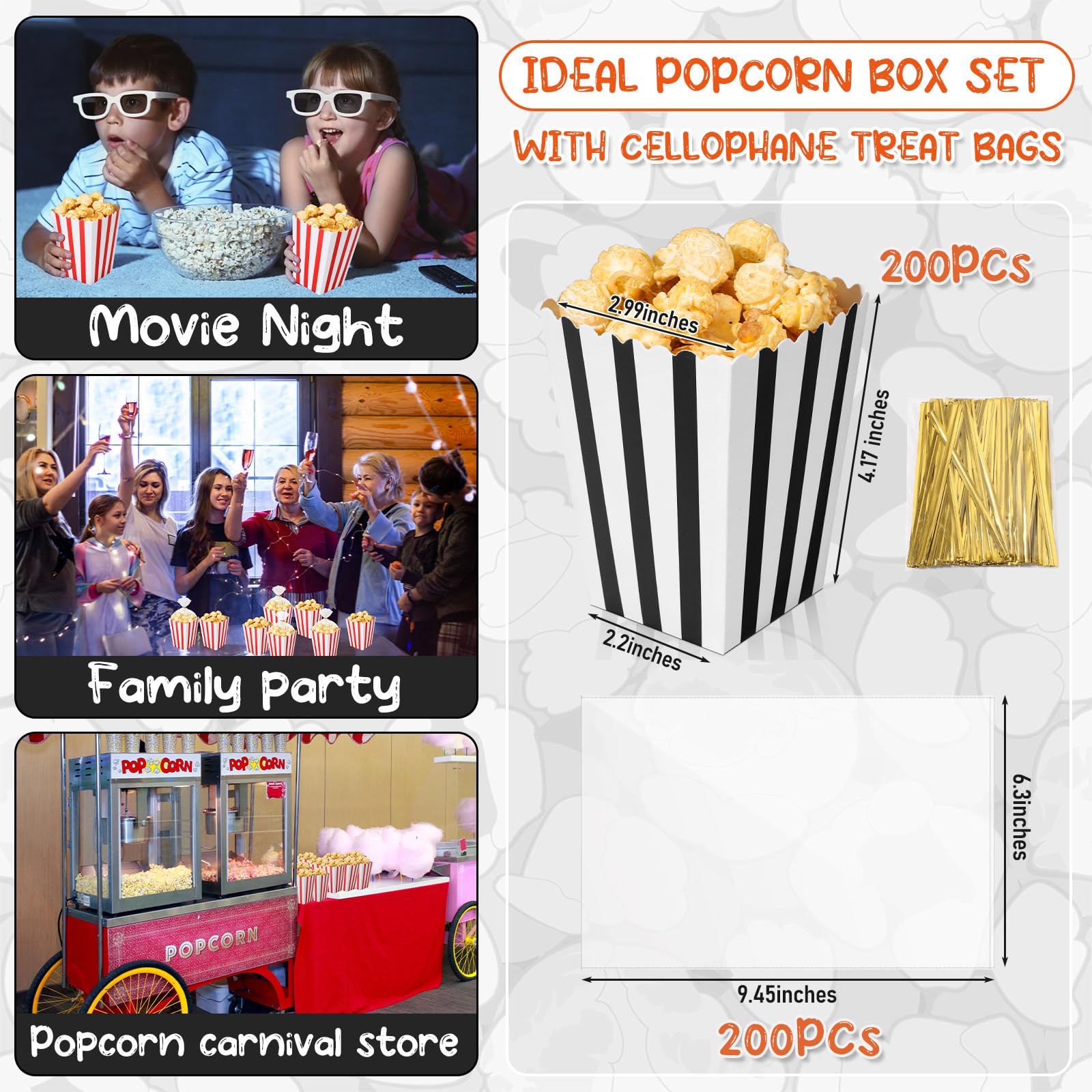 Maxcheck 200 Pcs Popcorn Boxes with 200 Pcs Clear Cellophane Bag, Mini Paper Popcorn Box Cardboard Popcorn Container, Popcorn Boxes Snack Candy for Birthday Wedding Decoration (Black and White)