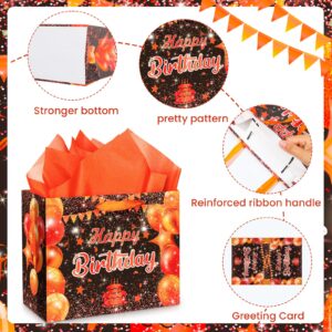 Large Happy Birthday Gift Bags Orange Birthday Gift Bag with Handle and Tissue Paper Card Birthday Gift Bags for Kids Adults Birthday Party Bags Birthday Candy Bags Treat Bags Orange Birthday Suppy