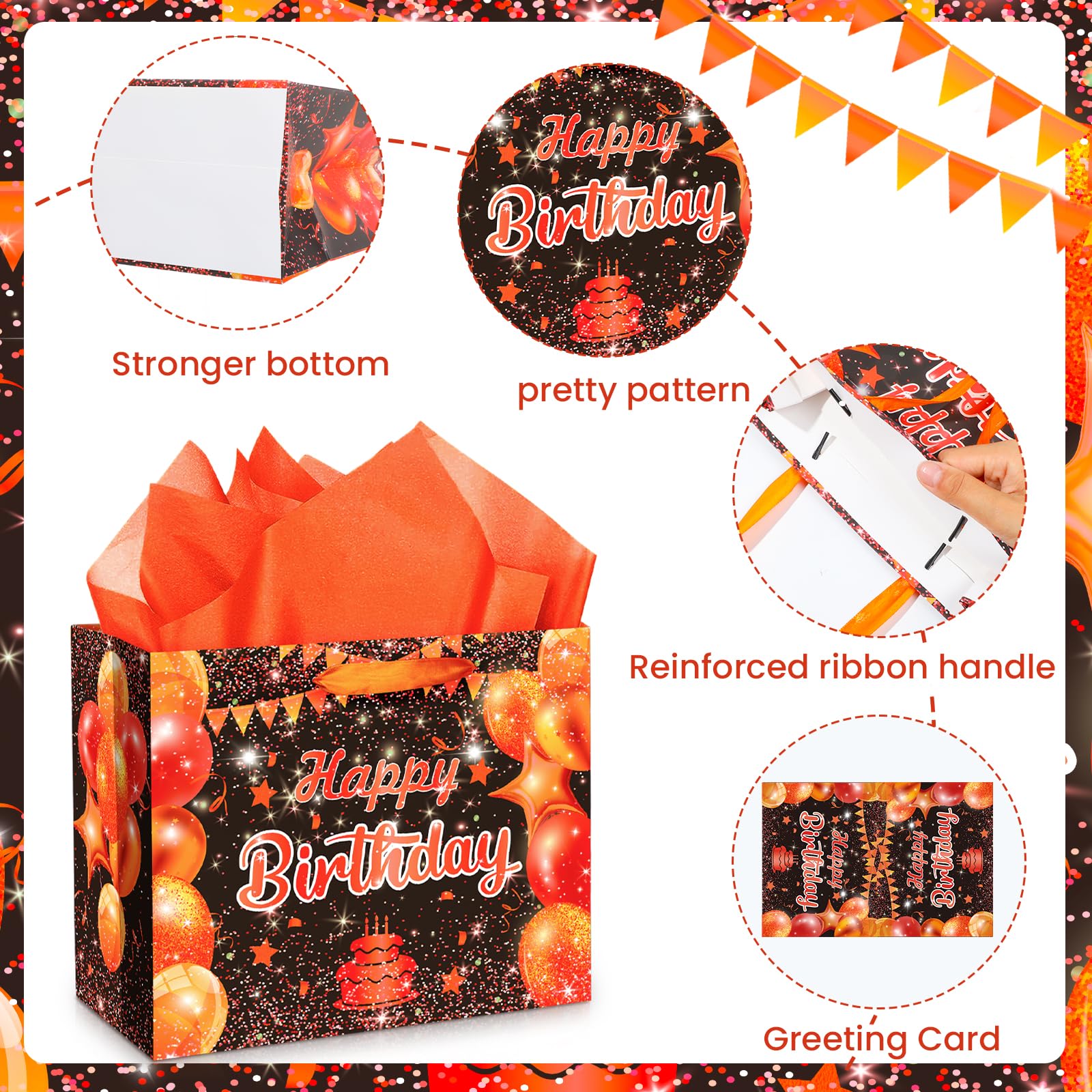 Large Happy Birthday Gift Bags Orange Birthday Gift Bag with Handle and Tissue Paper Card Birthday Gift Bags for Kids Adults Birthday Party Bags Birthday Candy Bags Treat Bags Orange Birthday Suppy