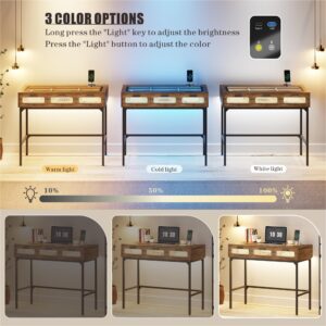 FREDEES Makeup Vanity with LED Lights - Vanity Desk with Glass Top Design & Charging Station, Wooden Makeup Table with Rattan Drawers, Bedroom Furniture Dressing Table Office Desk