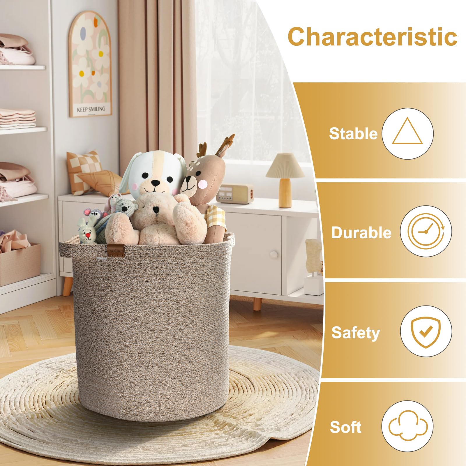 BROVIEW Woven Storage Basket, 56L Tall Laundry Baskets Hamper, 16x18 in Cotton Rope Basket for Toy, Pillows, Clothes, Blanket Basket with Handles for Living Room Bedroom Nursery Light Brown