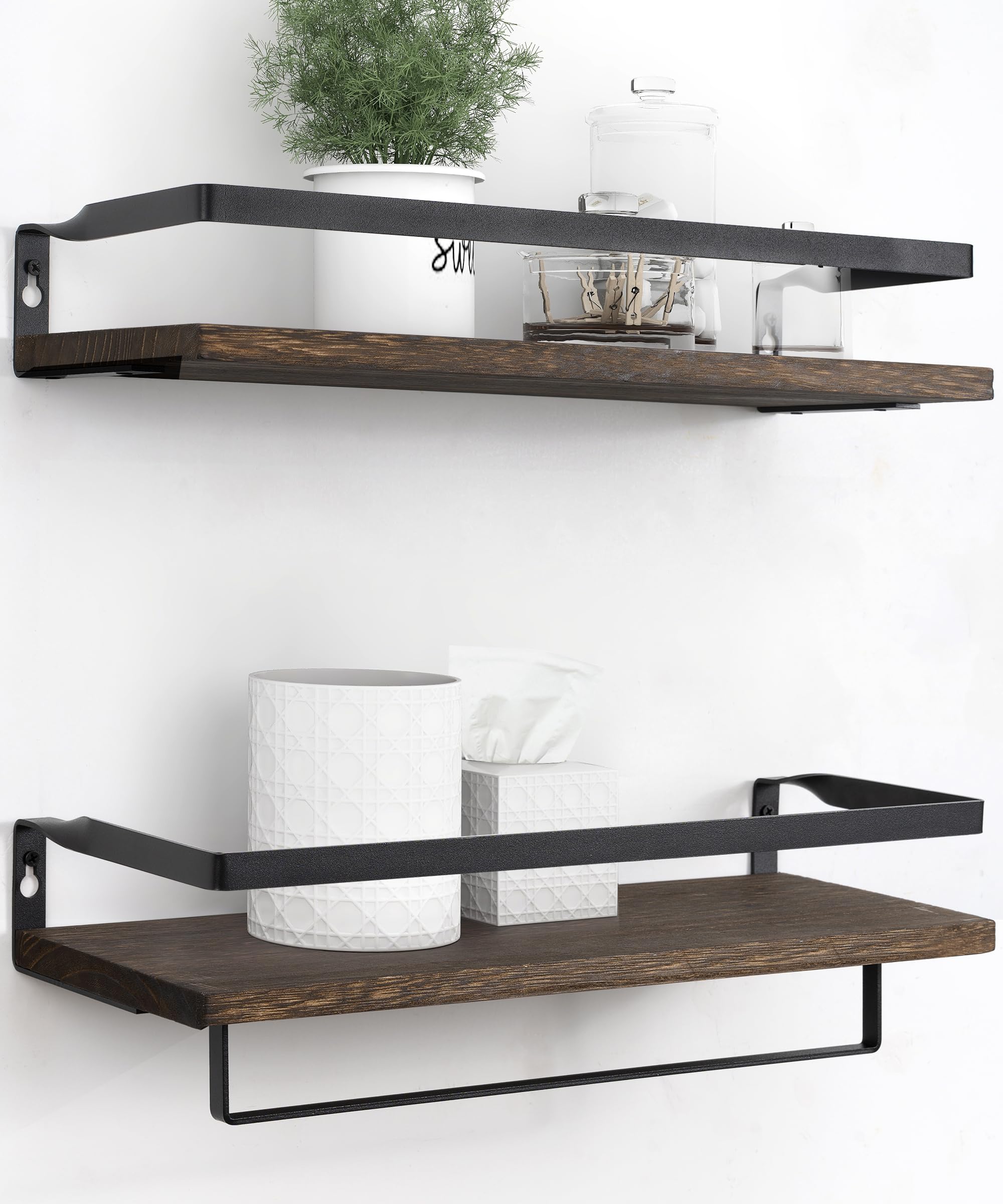 Afuly Bathroom Shelves for Wall, Floating Shelf Bathroom Over Toilet, Wall Mounted Shelves with Towel Bar Rack, Industrial Modern Home Decor Dark Brown