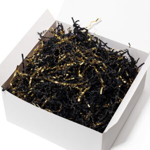 Mcfleet 1 LB Crinkle Cut Paper Shred Filler Black & Gold Crinkle Paper Shredded Paper for Gift Box - Gift Basket Filler - Gift Box Stuffing for Christmas, Halloween Packaging Wrapping