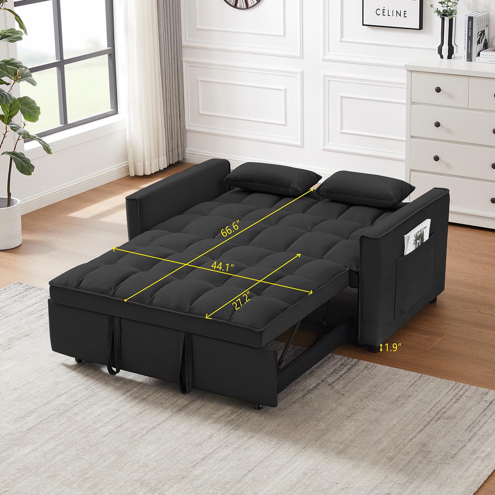 Luoyisimall Convertible Sleeper Sofa Bed，Multi Function 3 in 1 Futon Upholstered Couch w/Toss Pillows, Storage Pockets and Pull Out Bed for Living Room，Bedroom,Small Space（Velvet Black）