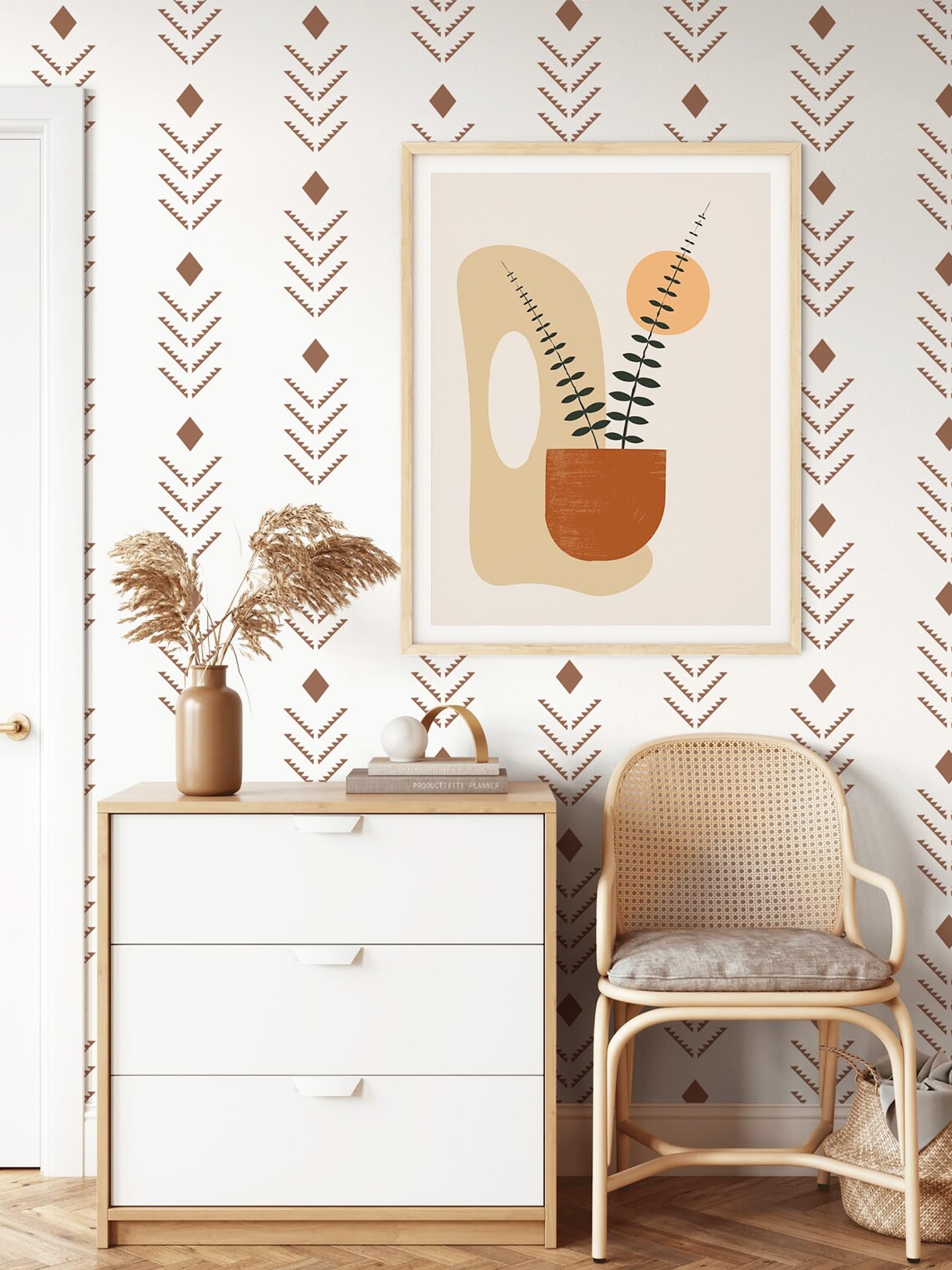 Ismoon Geometric Peel and Stick Wallpaper Boho Wallpaper Modern Herringbone Stripes Contact Paper Beige/Red Rusty Wallpaper Peel and Stick Vinyl Self Adhesive Wallpaper Removable 16.1x78.7inches