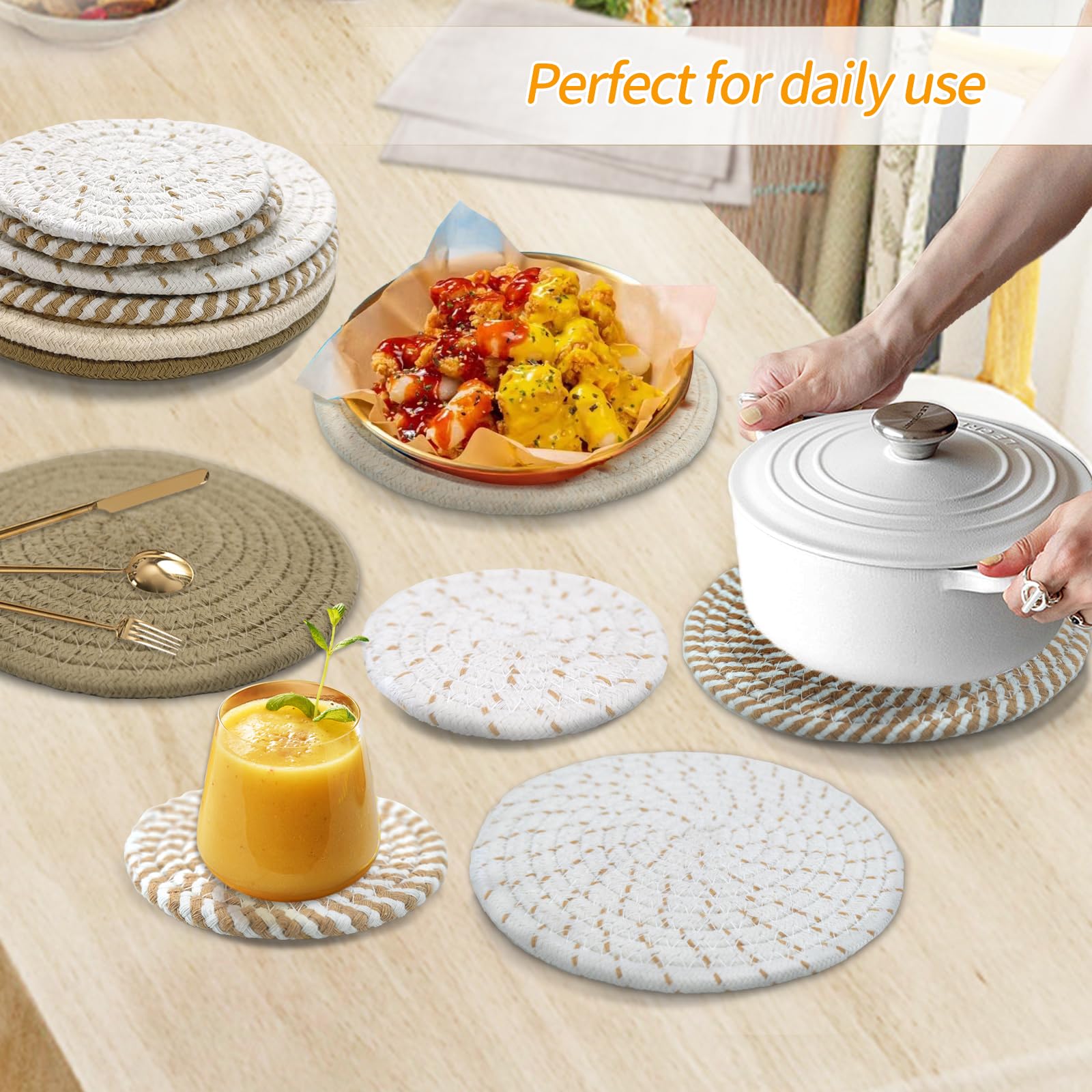 7" Trivets for Hot Dishes Hot Pots and Pans, 4 Heat Resistant Potholders for Kitchen with 2 Cotton 4.3" Coasters, Hot Plate Mats Hot Pads for Countertops Table Home Essentials, Farmhouse Decor 6 Pcs