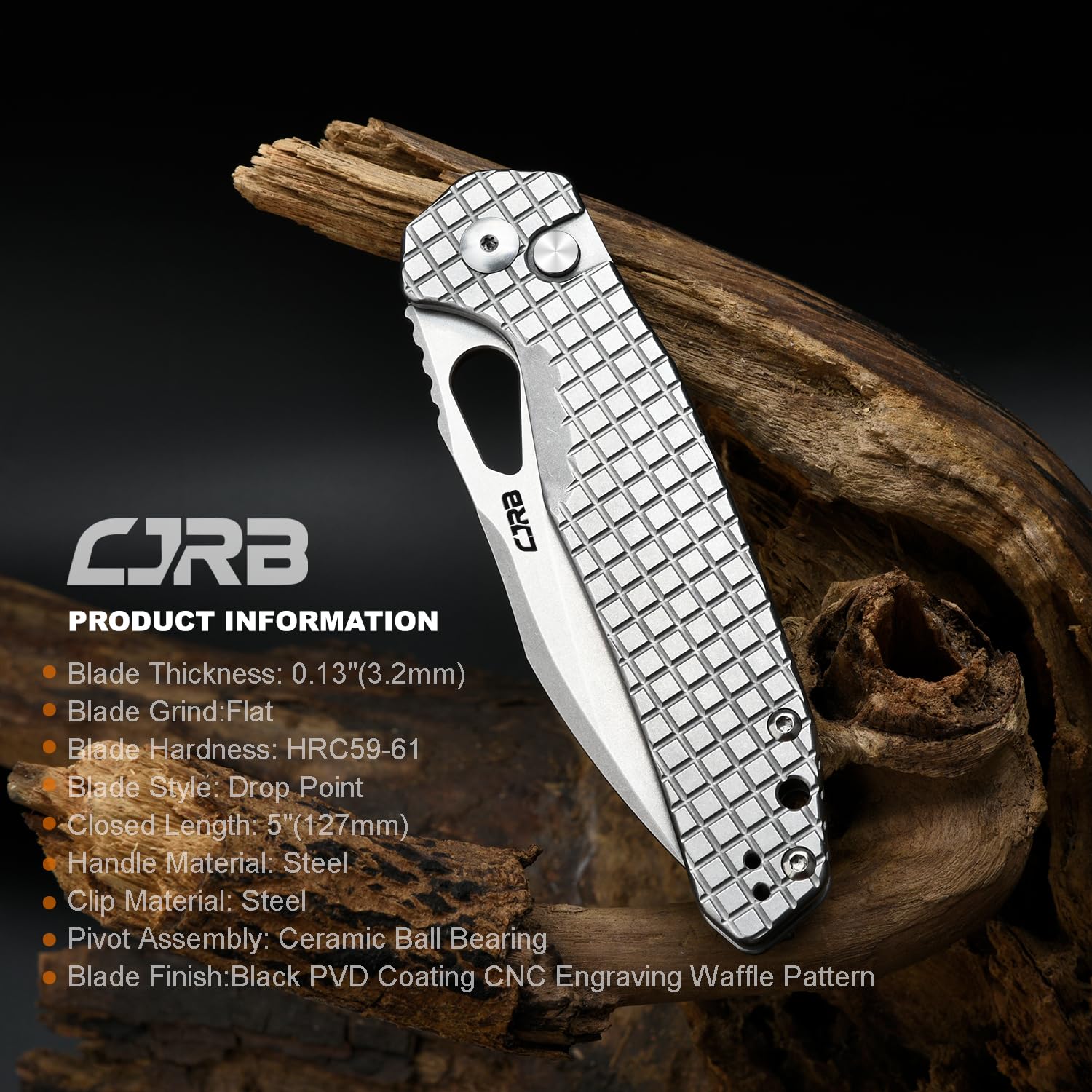 CJRB Frack (J1931) Folding Pocket Knife with 3.9" AR-RPM9 Drop Point Blade and CNC Engraving Steel Handle,Button Lock EDC Knife for Tactical,Outdoor,Camping and Christmas Gift