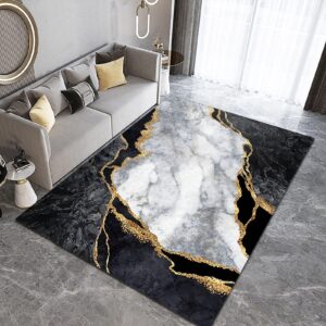 Nordic Luxury Black Gold White Geometry Art Area Rug, Abstract Marble Indoor Rug, Soft Foldable Non Slip Breathable Foldable Carpets for Living Room Bedroom Entryway Hotel Office 3x5ft