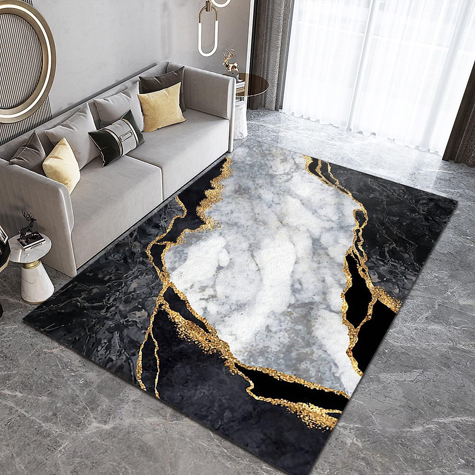 Nordic Luxury Black Gold White Geometry Art Area Rug, Abstract Marble Indoor Rug, Soft Foldable Non Slip Breathable Foldable Carpets for Living Room Bedroom Entryway Hotel Office 3x5ft