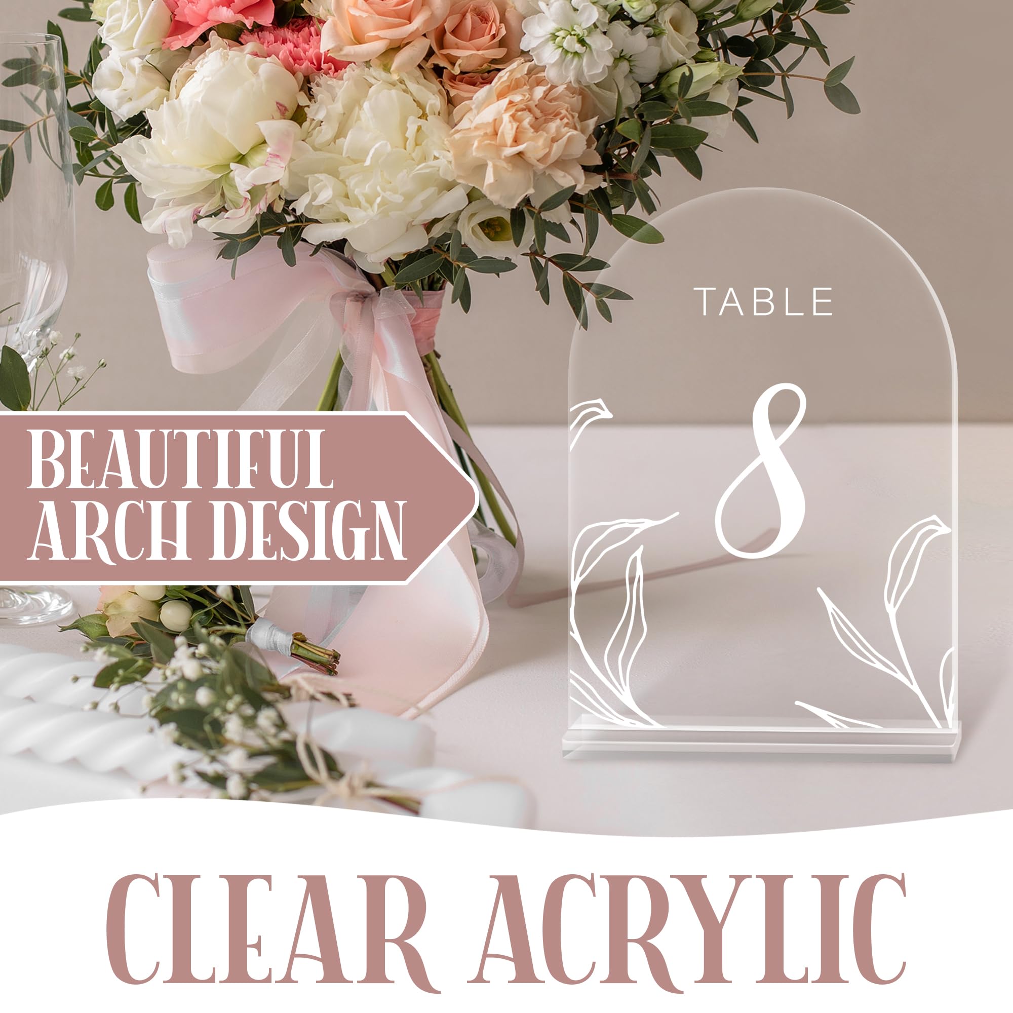 Clear Arch Wedding Table Numbers with Stands 1-15, With Two Additional Table Signs for Guestbook, Gift & Card, 5X7 Acrylic Display Signs & Holders, Pack of 17, Perfect for Centerpiece, Reception, Decoration, Party, Anniversary, Event