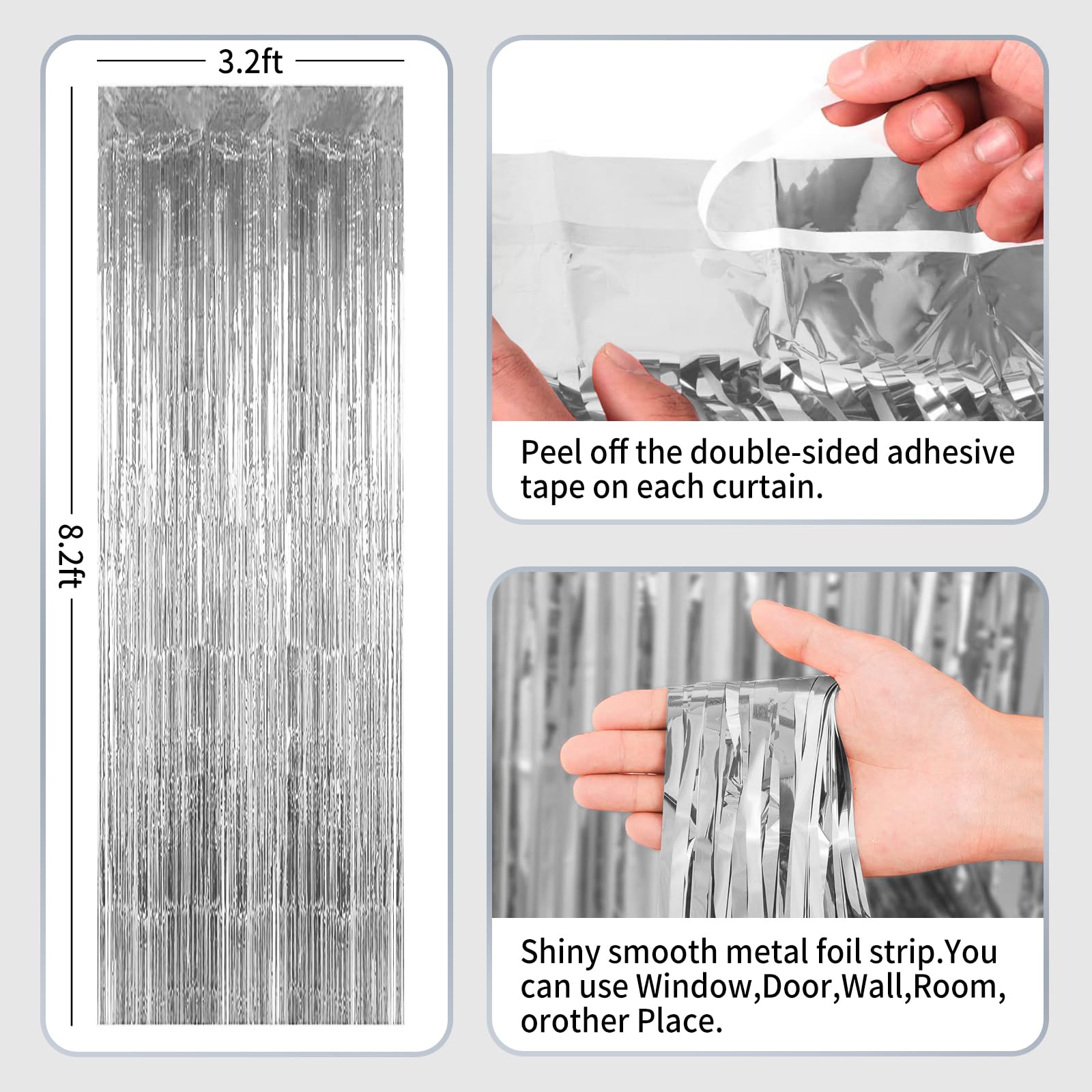 3 Pack 3.2ft x 8.2ft Silver Metallic Foil Fringe Curtains, Tinsel Streamers Bachelorette Party Decorations, Streamers Birthday Decorations, Streamers Party Decorations for Graduation, Baby Shower