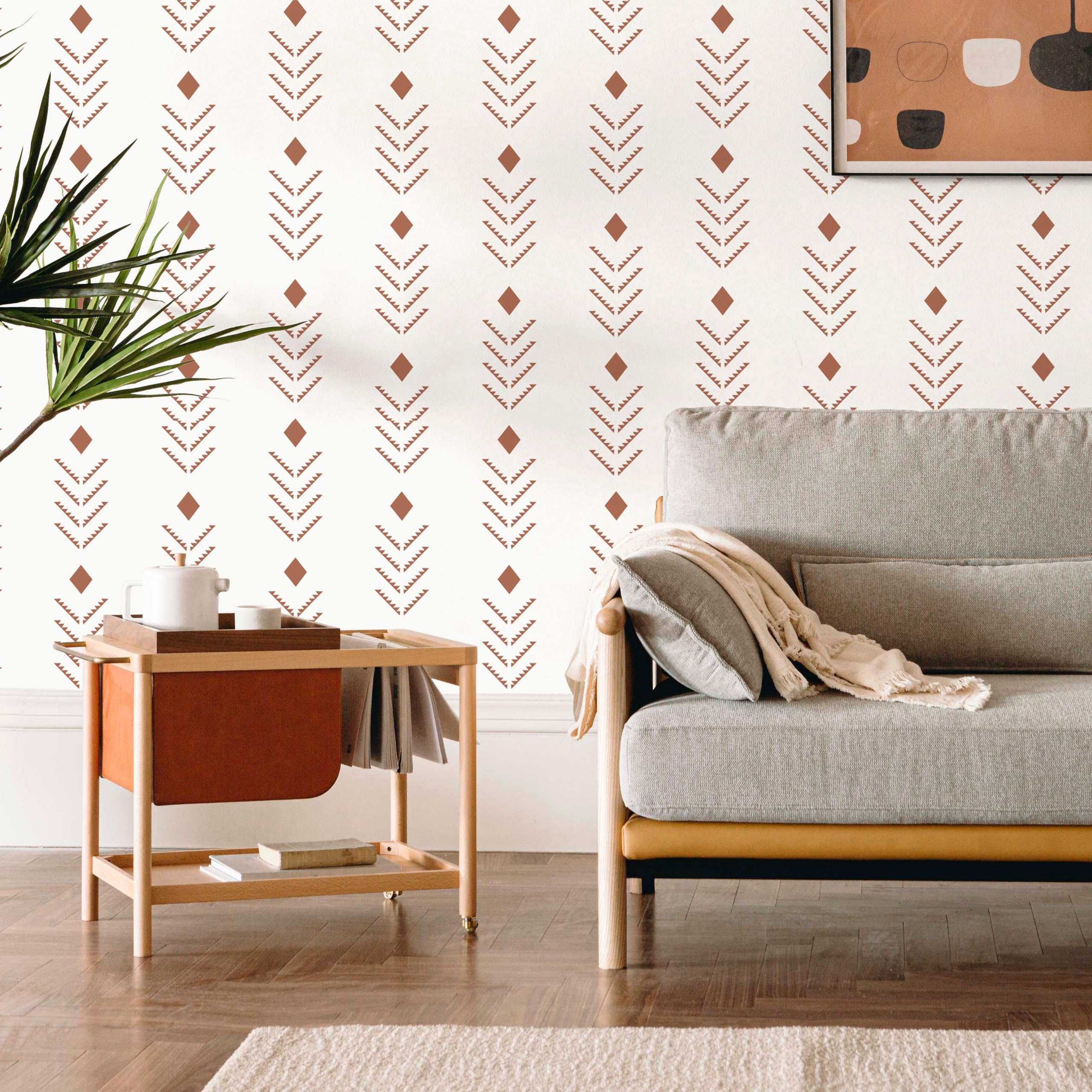 Ismoon Geometric Peel and Stick Wallpaper Boho Wallpaper Modern Herringbone Stripes Contact Paper Beige/Red Rusty Wallpaper Peel and Stick Vinyl Self Adhesive Wallpaper Removable 16.1x78.7inches