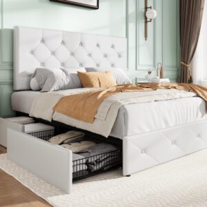 sha cerlin upholstered queen platform storage bed frame with 4 drawers, adjustable headboard with faux leather diamond button tufted design, wooden slat support, no box spring needed, white