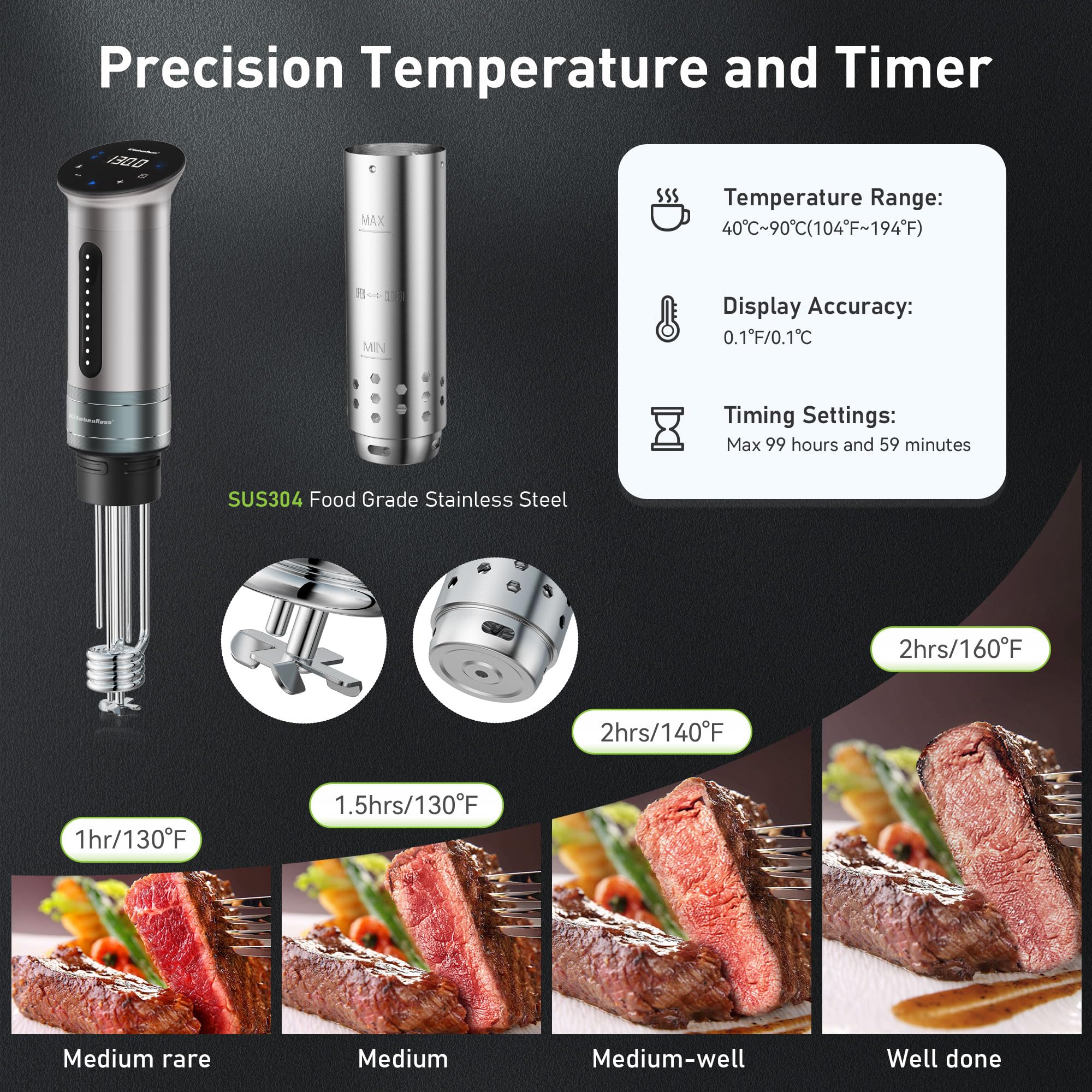 KitchenBoss Wifi Sous Vide Machine: Ultra-quiet Sous-vide Immersion Circulator Cooking Machine APP Control 1100W, IPX7 Waterproof Precision Cooker Accurate Temperature Digital Display, Silver (G310PS)