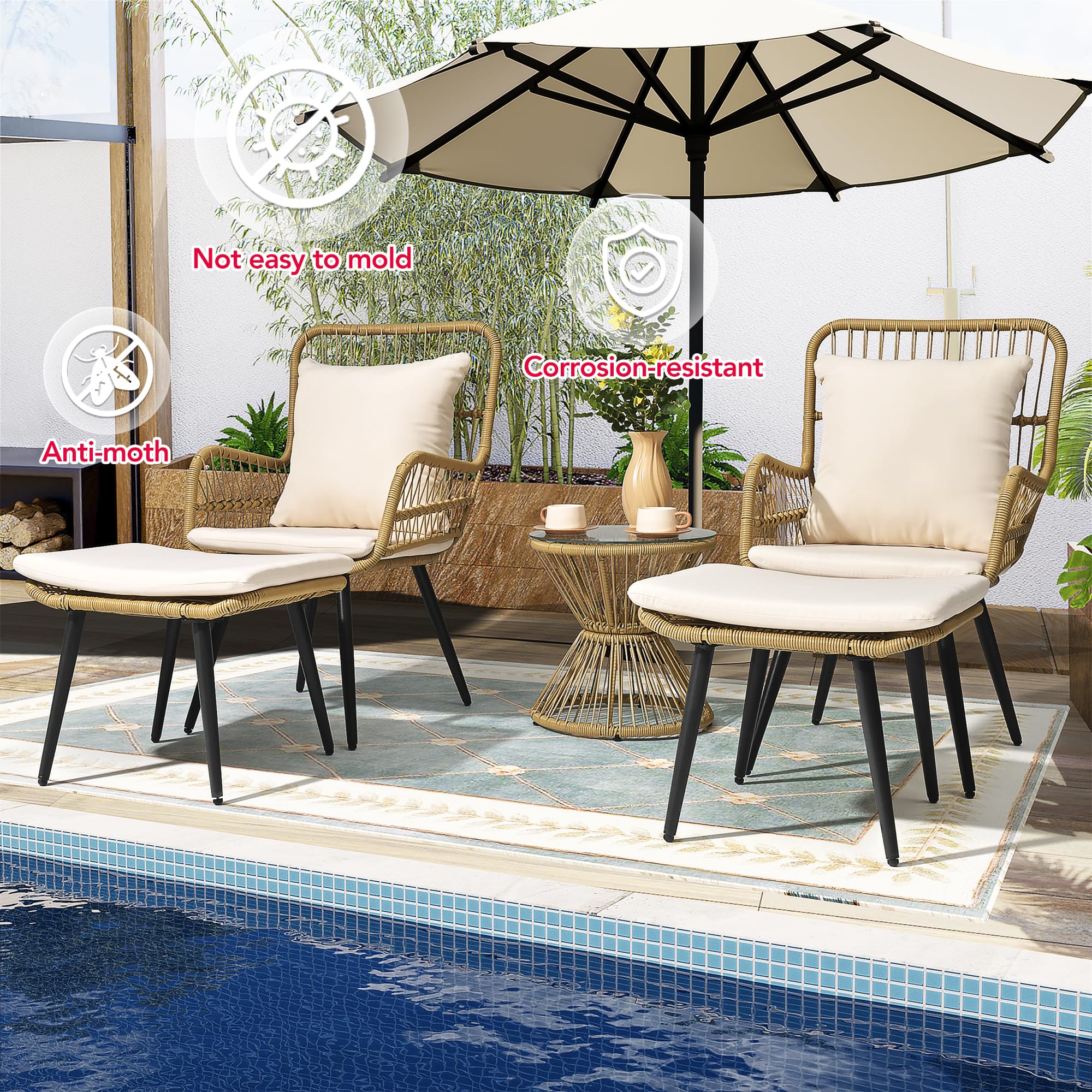 Pamapic Outdoor Patio Bistro Set with Ottoman 5 Piece Rattan Wicker Conversation Chair Sets Balcony Furniture Chairs for Yard Garden Porch Backyard Poolside, Beige