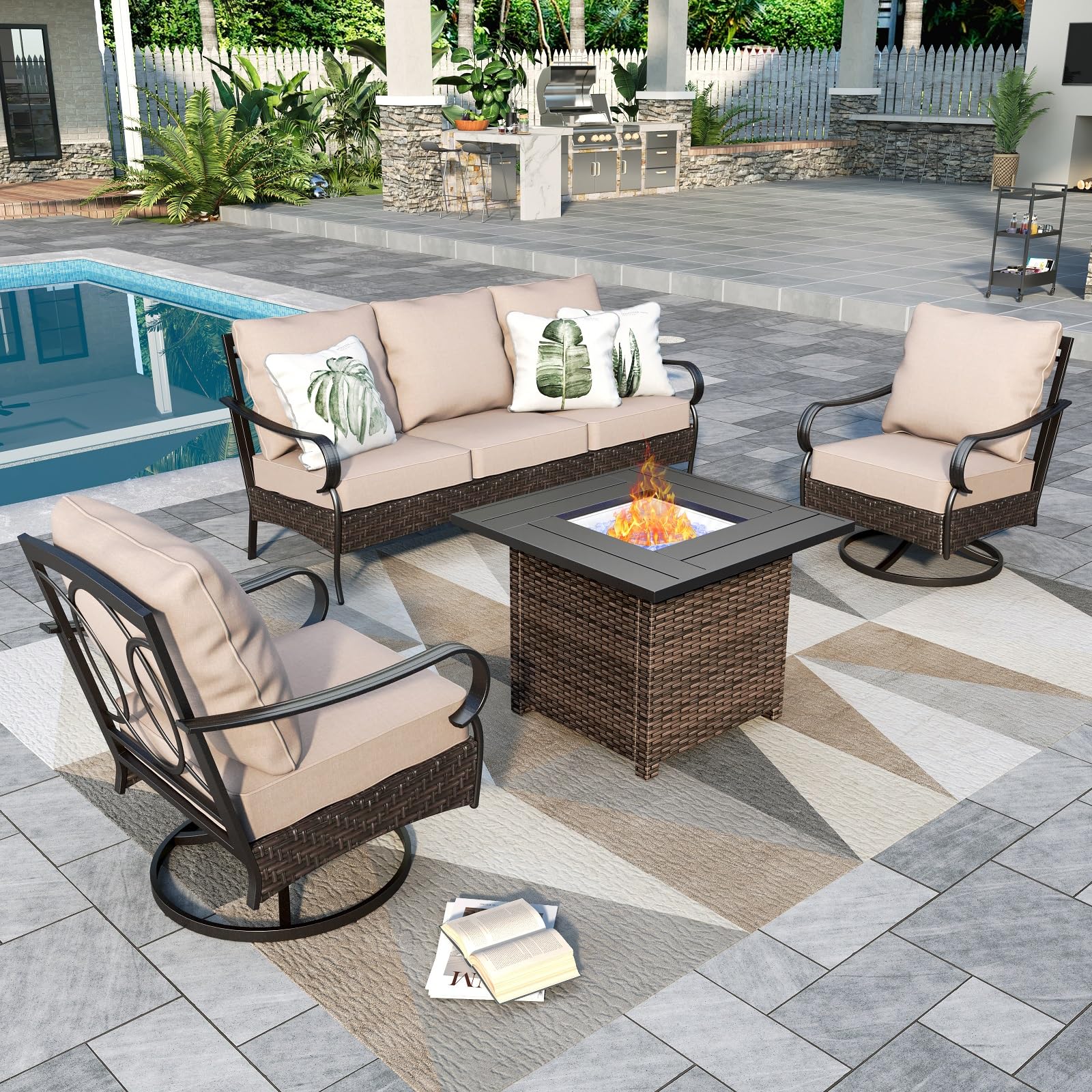 Sophia & William Patio Furniture Set with 32" Fire Pit Table, 3-Seater Sofa, 2 Swivel Chairs, 5 Seats Outdoor Metal Conversation Sets for Seating Lawn Garden Backyard,Beige