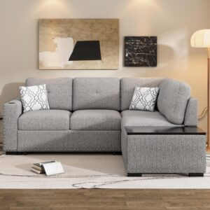 p purlove sectional sofa with pull-out sleeper sofa bed, reversible sectional sofa with storage chaise, l shaped couch with coffee table for living room (light gray)