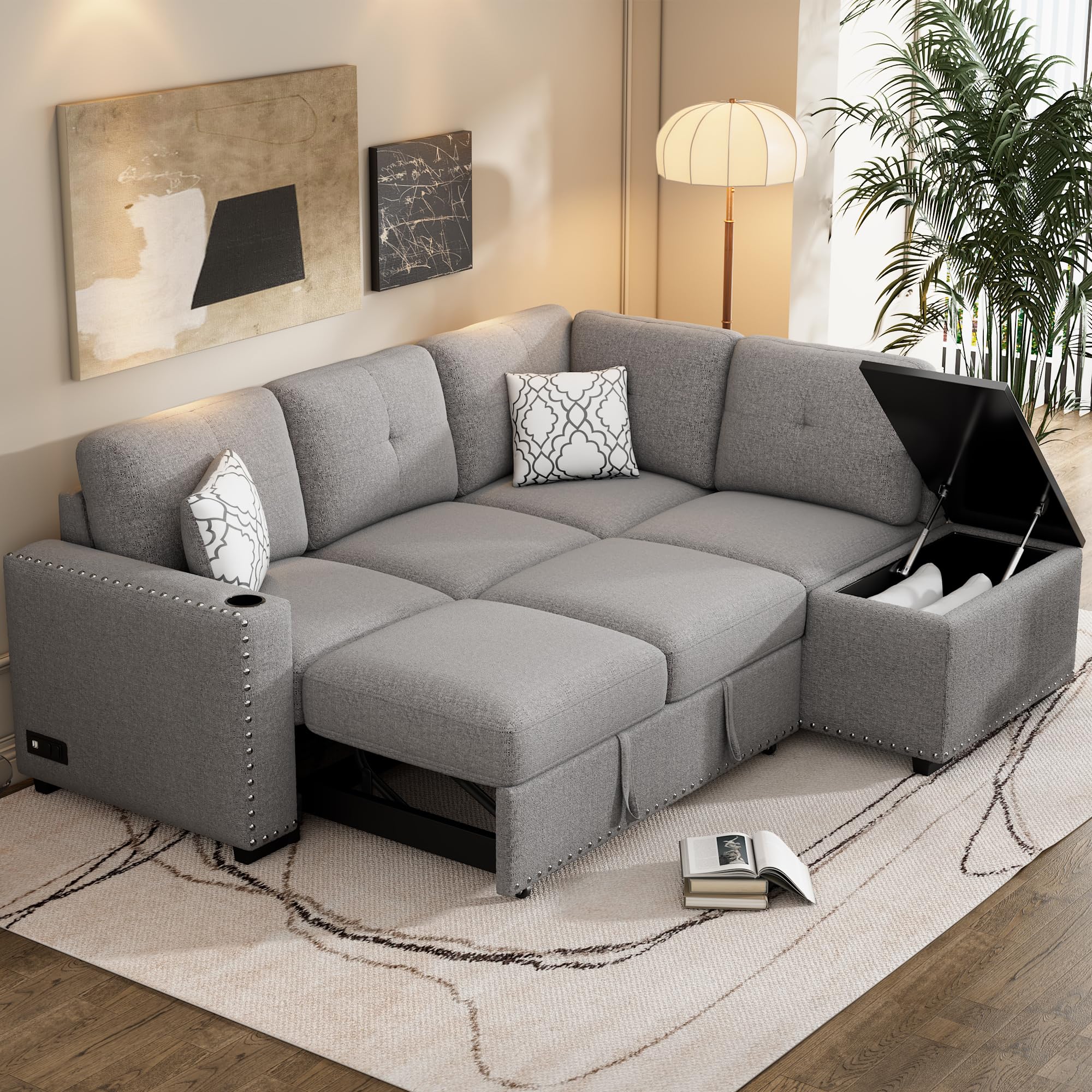 P PURLOVE Sectional Sofa with Pull-Out Sleeper Sofa Bed, Reversible Sectional Sofa with Storage Chaise, L Shaped Couch with Coffee Table for Living Room (Light Gray)