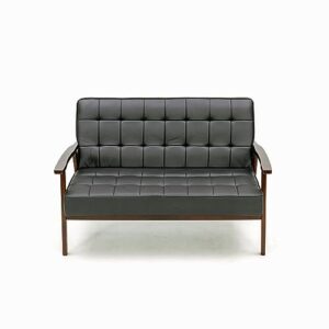 Panana 2 Seats Loveseat Sofa Couch Living Room Wood Frame Furniture, 2 Seater Sofa Armchair Two Seat Sofa Chair, Black Artificial Leather Upholstered Wooden Armrest Love Seats Small Sofa