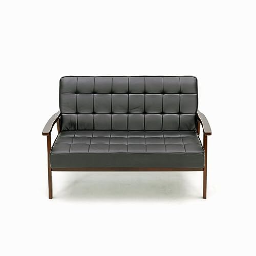 Panana 2 Seats Loveseat Sofa Couch Living Room Wood Frame Furniture, 2 Seater Sofa Armchair Two Seat Sofa Chair, Black Artificial Leather Upholstered Wooden Armrest Love Seats Small Sofa