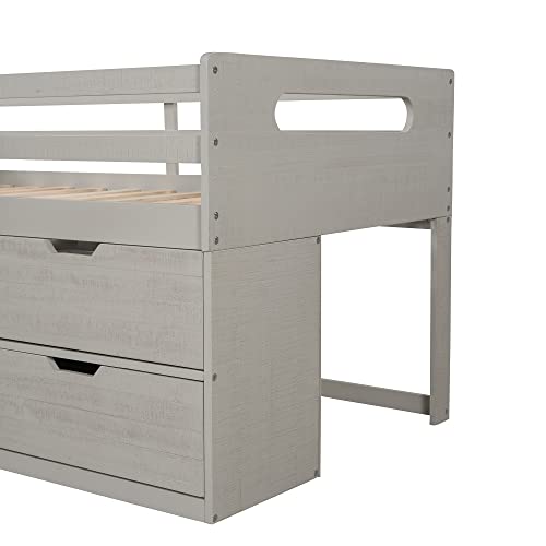 RORIGAT Twin Size Loft Bed with Two Shelves and Two Drawers, Wood Low Loft Bed Frame for Space Saving,Antique Gray