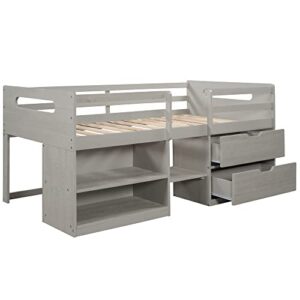 RORIGAT Twin Size Loft Bed with Two Shelves and Two Drawers, Wood Low Loft Bed Frame for Space Saving,Antique Gray