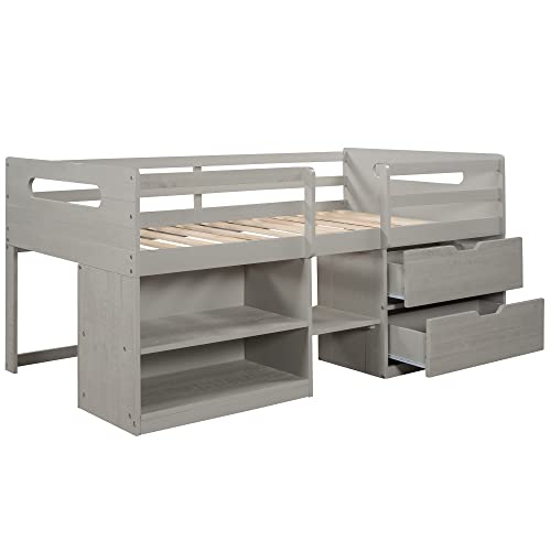 RORIGAT Twin Size Loft Bed with Two Shelves and Two Drawers, Wood Low Loft Bed Frame for Space Saving,Antique Gray