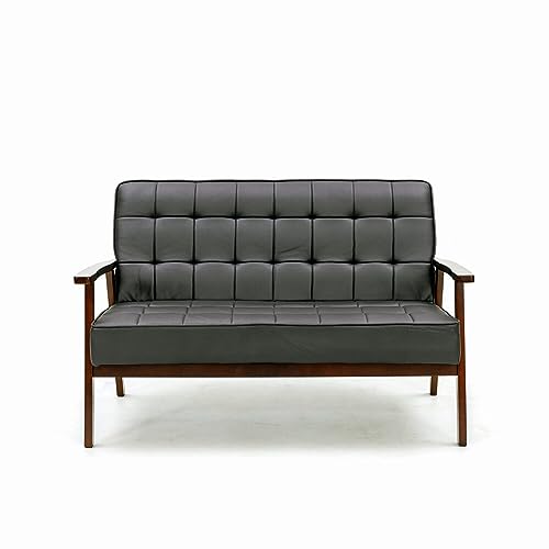 Panana 2 Seats Loveseat Sofa Couch Living Room Wood Frame Furniture, 2 Seater Sofa Armchair Two Seat Sofa Chair, Black Artificial Leather Upholstered Wooden Armrest Love Seats Small Sofa