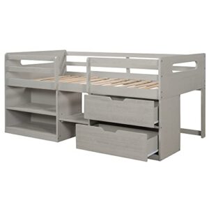 RORIGAT Twin Size Loft Bed with Two Shelves and Two Drawers, Wood Low Loft Bed Frame for Space Saving,Antique Gray