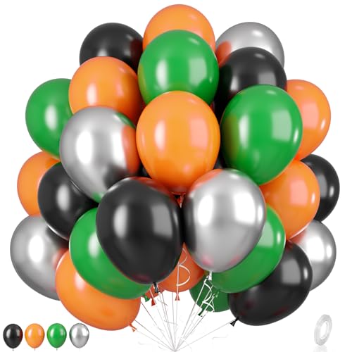 Paready Sport Balloons, 55Pcs Orange Green Party Balloons 12 Inch Black Orange Latex Balloons Metallic Silver Balloons Green Black Balloons for Kids Sport Theme Birthday Party Baby Shower Graduation