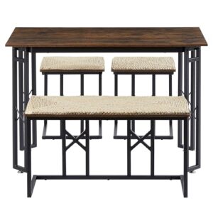 VECELO 43.3" Farmhouse Room Sets for 4 with 3 Benches WickerKnot Mats, Adjustable Feets Metal Frame Space-Saving Coffee Table for Home Kitchen Dining, Brown, 43.3in