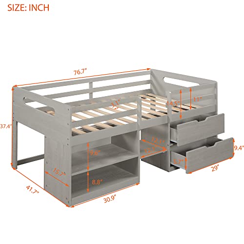 RORIGAT Twin Size Loft Bed with Two Shelves and Two Drawers, Wood Low Loft Bed Frame for Space Saving,Antique Gray