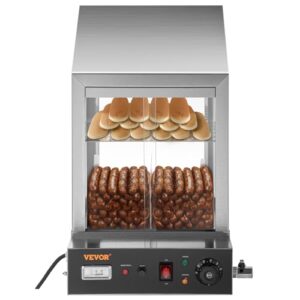 VEVOR Hot Dog Machine, 36 L, 2-Tier Hot Dog Steamer for 200 Hotdogs & 42 Buns, 1200W Electric Bun Warmer Cooker with Rotary Knob Temp Display 7.5 L Water Tank, Stainless Frame and Tempered Glass Doors