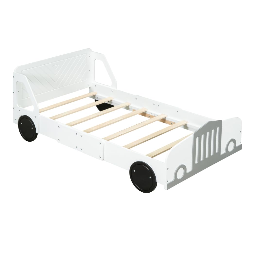 Yuxuanhang Twin Size Modern Car-Shaped Platform Bed, Unique Styled Children's Bed with Wheels and Rails on Both Sides Beside The Headboard for Children's Room Bedroom, White