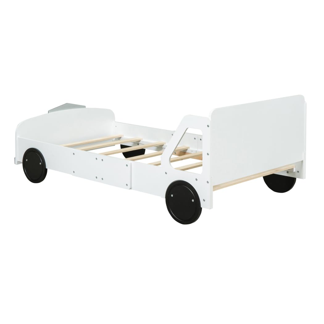 Yuxuanhang Twin Size Modern Car-Shaped Platform Bed, Unique Styled Children's Bed with Wheels and Rails on Both Sides Beside The Headboard for Children's Room Bedroom, White