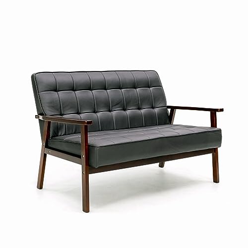 Panana 2 Seats Loveseat Sofa Couch Living Room Wood Frame Furniture, 2 Seater Sofa Armchair Two Seat Sofa Chair, Black Artificial Leather Upholstered Wooden Armrest Love Seats Small Sofa