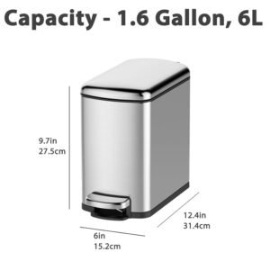 GAOMON 6L Pedal Trash Bin, Stainless Steel Waste Bin with Lid and Inner Bin, Pedal Waste Bin with Automatic Lowering and Soft Closing, Recycling Bin for Kitchen, Bathroom or Office