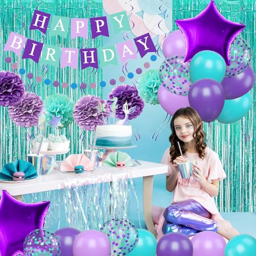 Mermaid Birthday Decorations Purple Teal Blue Party Balloons Happy Birthday Banner Dots Garland Purple Turquoise Green Fringe Curtain Pompom Swirls for Girl Women Birthday Baby Shower Party Decoration