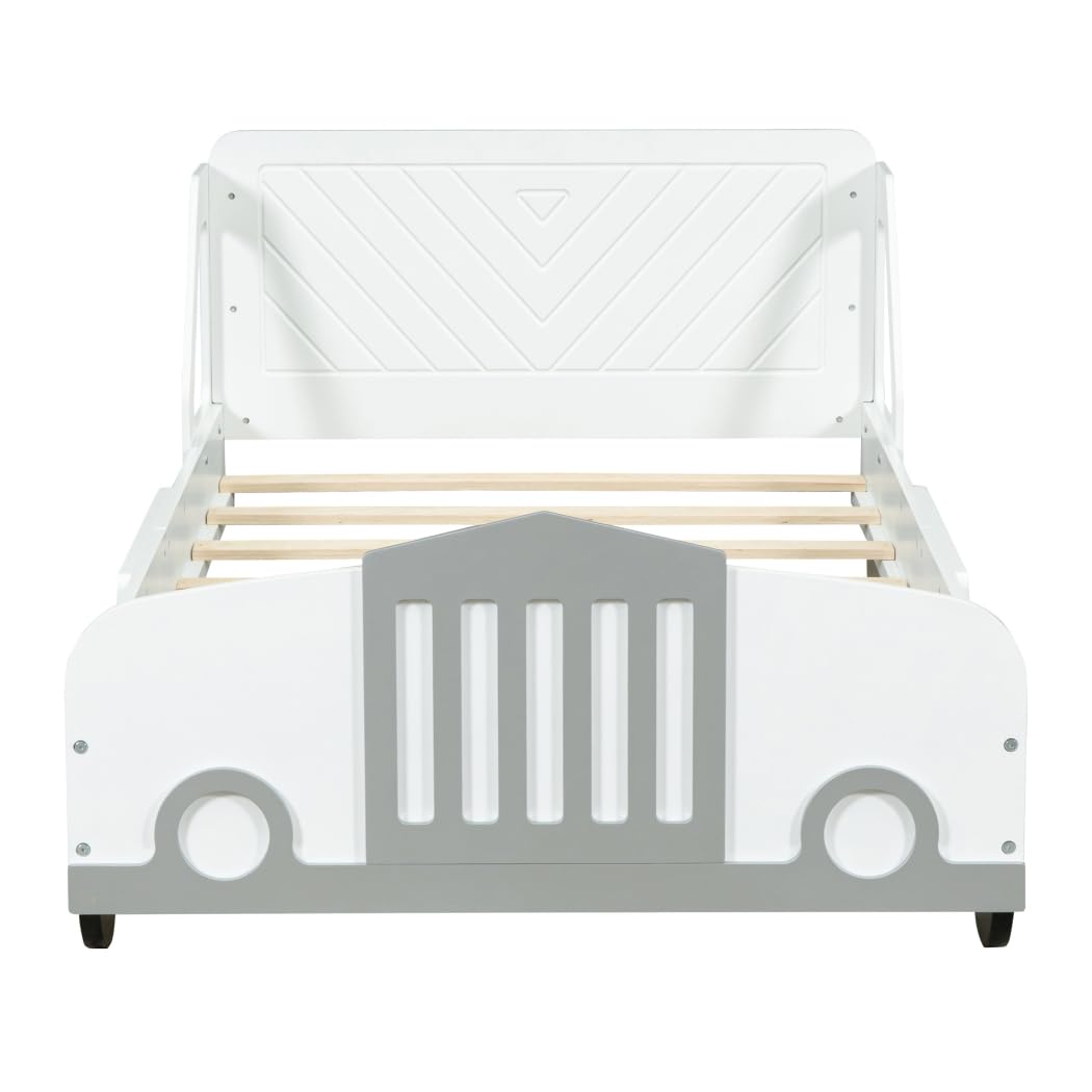 Yuxuanhang Twin Size Modern Car-Shaped Platform Bed, Unique Styled Children's Bed with Wheels and Rails on Both Sides Beside The Headboard for Children's Room Bedroom, White