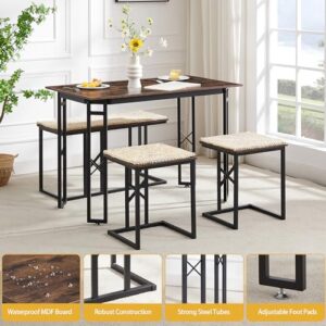 VECELO 43.3" Farmhouse Room Sets for 4 with 3 Benches WickerKnot Mats, Adjustable Feets Metal Frame Space-Saving Coffee Table for Home Kitchen Dining, Brown, 43.3in