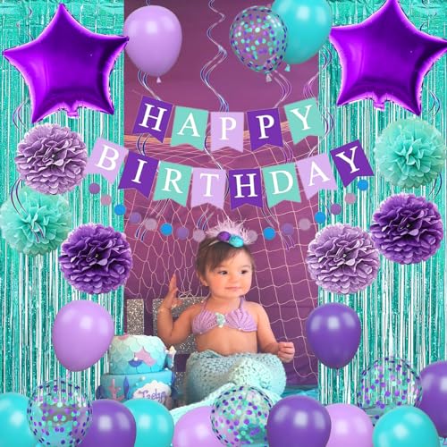 Mermaid Birthday Decorations Purple Teal Blue Party Balloons Happy Birthday Banner Dots Garland Purple Turquoise Green Fringe Curtain Pompom Swirls for Girl Women Birthday Baby Shower Party Decoration