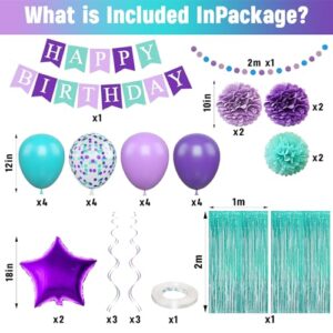 Mermaid Birthday Decorations Purple Teal Blue Party Balloons Happy Birthday Banner Dots Garland Purple Turquoise Green Fringe Curtain Pompom Swirls for Girl Women Birthday Baby Shower Party Decoration