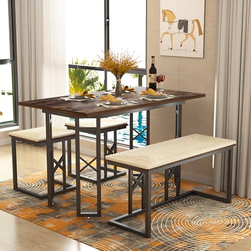 VECELO 43.3" Farmhouse Room Sets for 4 with 3 Benches WickerKnot Mats, Adjustable Feets Metal Frame Space-Saving Coffee Table for Home Kitchen Dining, Brown, 43.3in