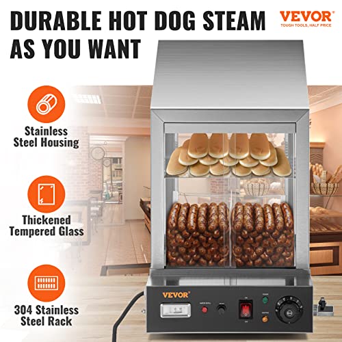 VEVOR Hot Dog Machine, 36 L, 2-Tier Hot Dog Steamer for 200 Hotdogs & 42 Buns, 1200W Electric Bun Warmer Cooker with Rotary Knob Temp Display 7.5 L Water Tank, Stainless Frame and Tempered Glass Doors