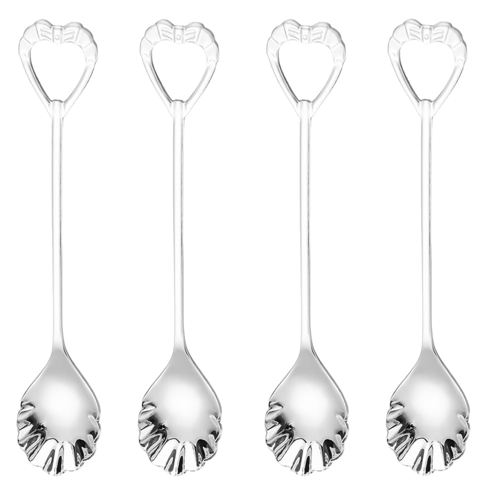 Ouliget Stainless Steel Tableware Dessert Spoons Set, Heart Shaped Straight Shank Coffee Spoons, Mirror Polished Finish Mini Teaspoons, Dishwasher Safe, 4 Pack