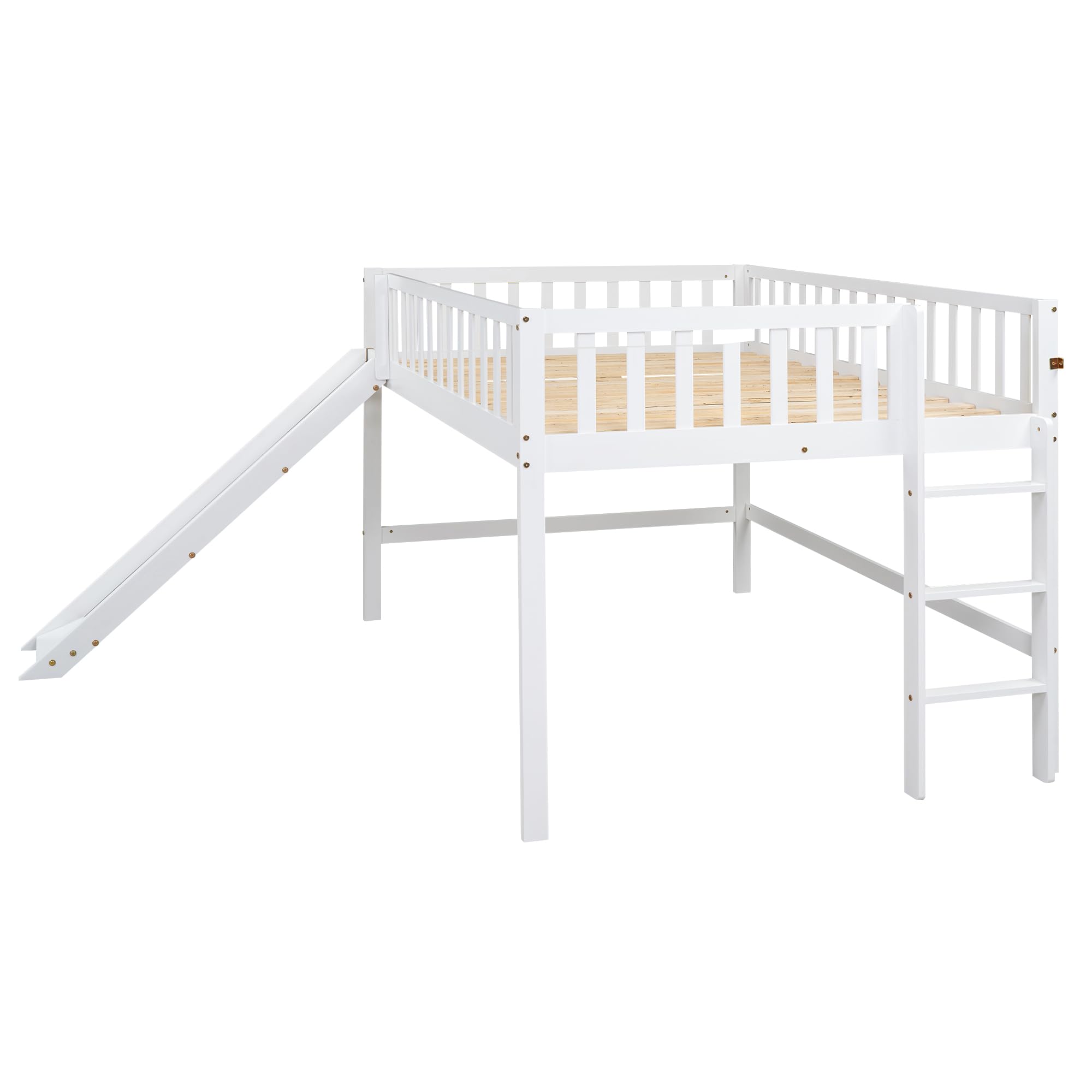 Full Size Low Loft Bed with Slide Wood Junior Loft Beds Frame with Ladder and Guardrails for Kids Boys Girls, White