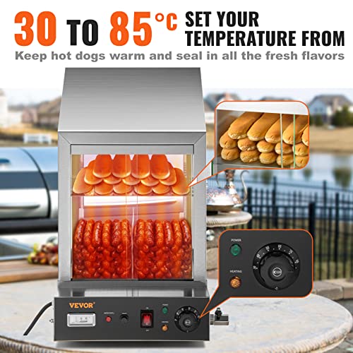 VEVOR Hot Dog Machine, 36 L, 2-Tier Hot Dog Steamer for 200 Hotdogs & 42 Buns, 1200W Electric Bun Warmer Cooker with Rotary Knob Temp Display 7.5 L Water Tank, Stainless Frame and Tempered Glass Doors