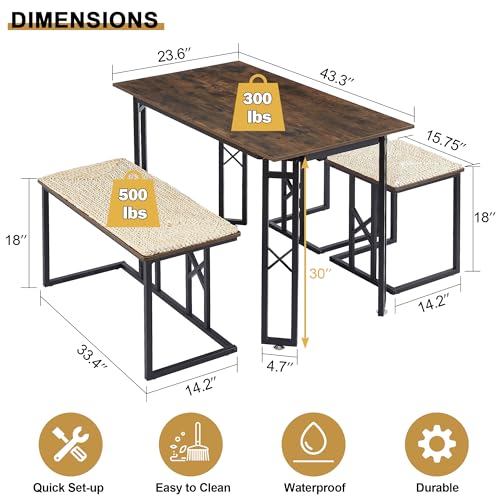 VECELO 43.3" Farmhouse Room Sets for 4 with 3 Benches WickerKnot Mats, Adjustable Feets Metal Frame Space-Saving Coffee Table for Home Kitchen Dining, Brown, 43.3in