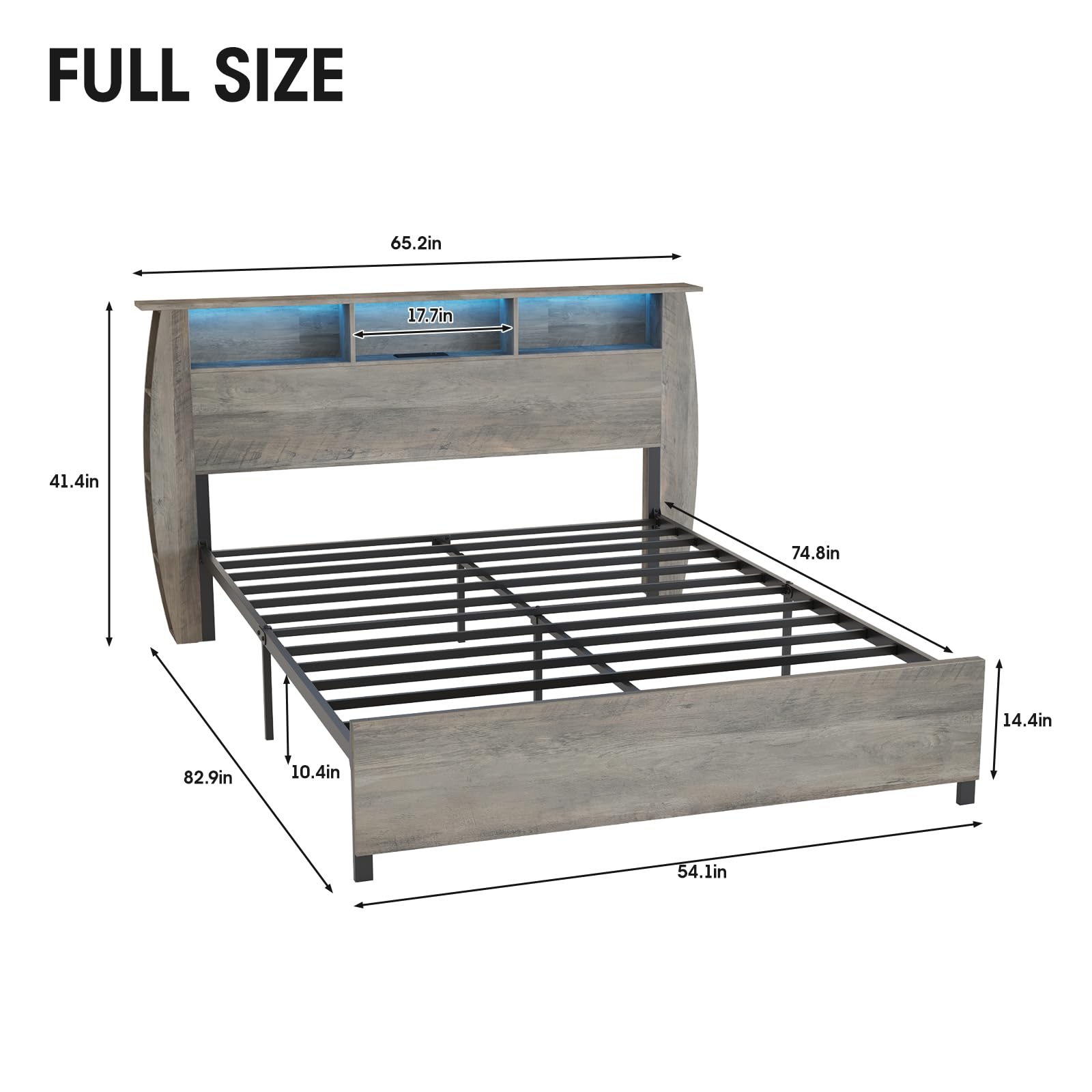 Fameill Full Size Wood Bed Frame with Bookcase Headboard, 2-Tier Storage Headboard with Charging Station & LED Light, Side Storage Layer, No Box Spring Needed, Noise Free, Gray