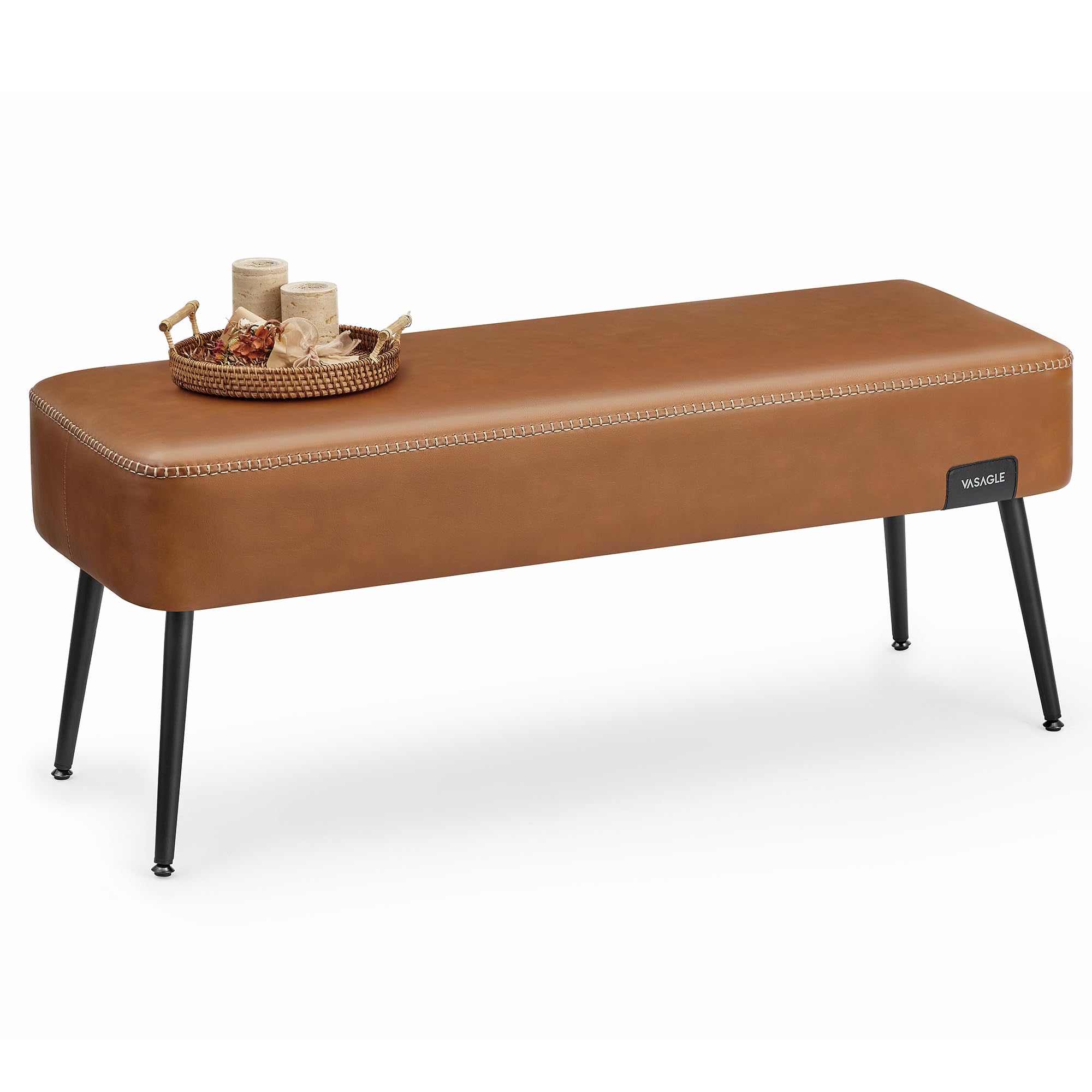 VASAGLE EKHO Collection - Bench for Entryway Bedroom, Synthetic Leather with Stitching, Ottoman Bench with Steel Legs, Living Dining Room, Mid-Century Modern, Loads 660 lb, Caramel Brown ULOM076K01